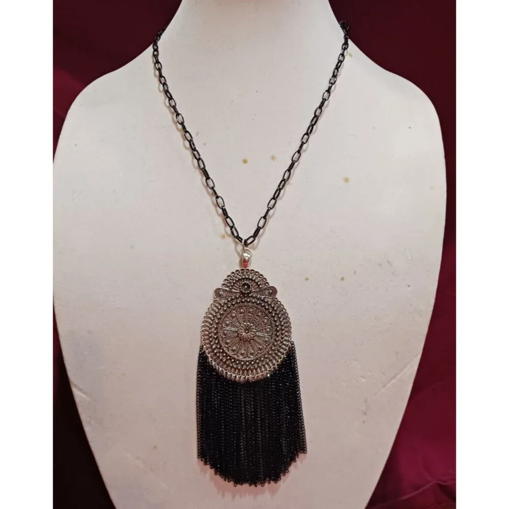 Handmade Black and Dark Silver Tassel Statement Fashion Medallion Necklace - Picture 8 of 8